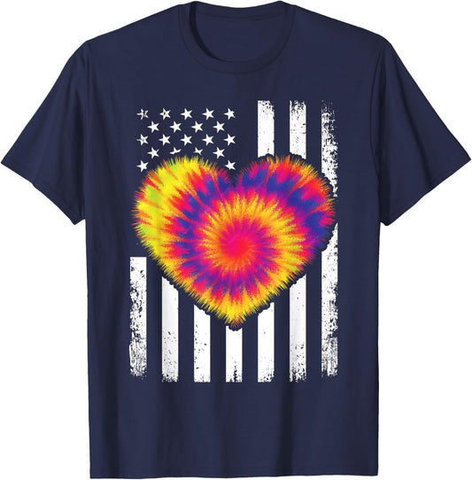 Tie Dye Heart Usa Flag Colors White, Red & Blue 4th of July T-Shirt - T-Shirt | Navy