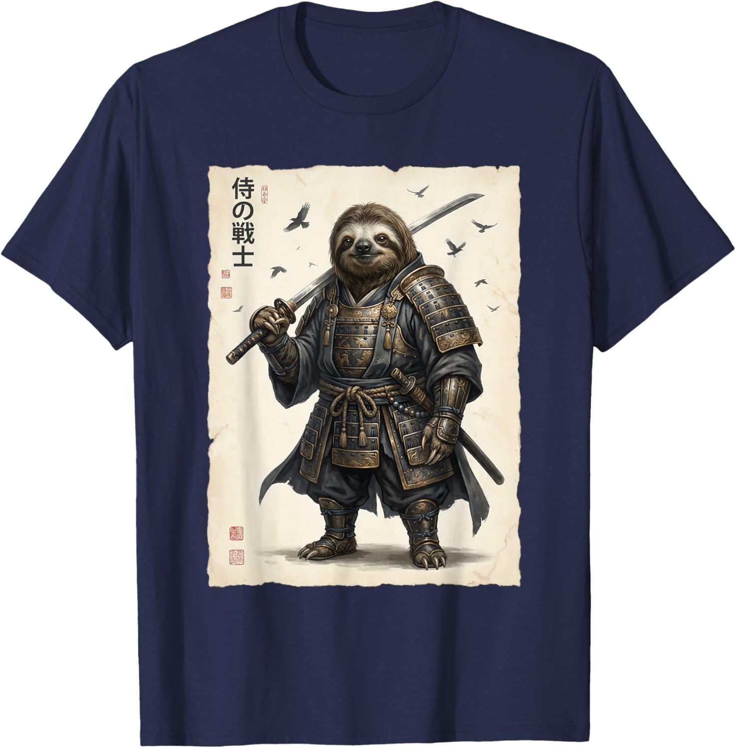 Samurai Sloth Warrior Retro Japanese Art Anime Graphic T-Shirt - T-Shirt | Navy