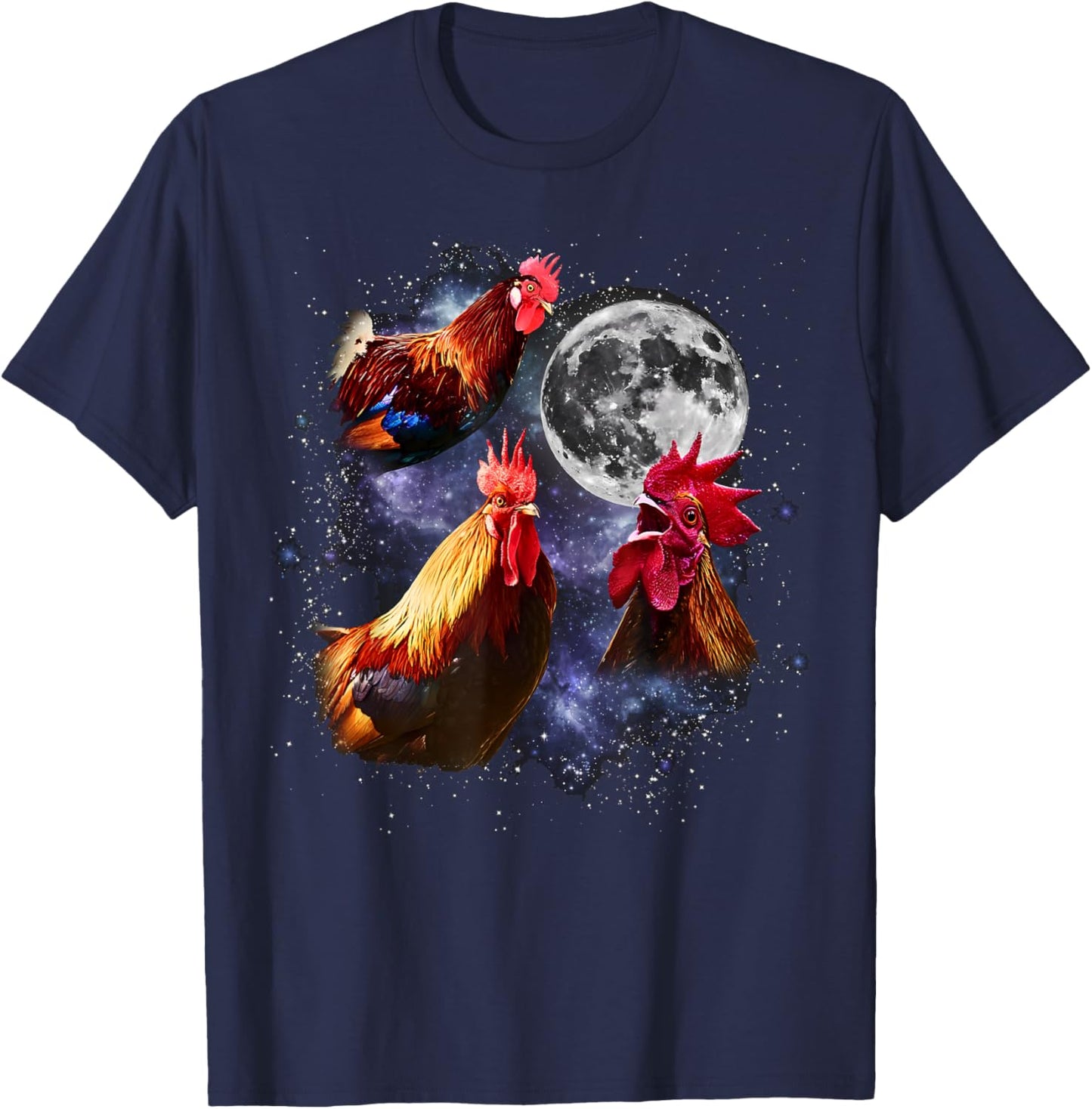 Vintage Three Roosters Howling at the Moon Funny Farm Animal T-Shirt - T-Shirt | Navy