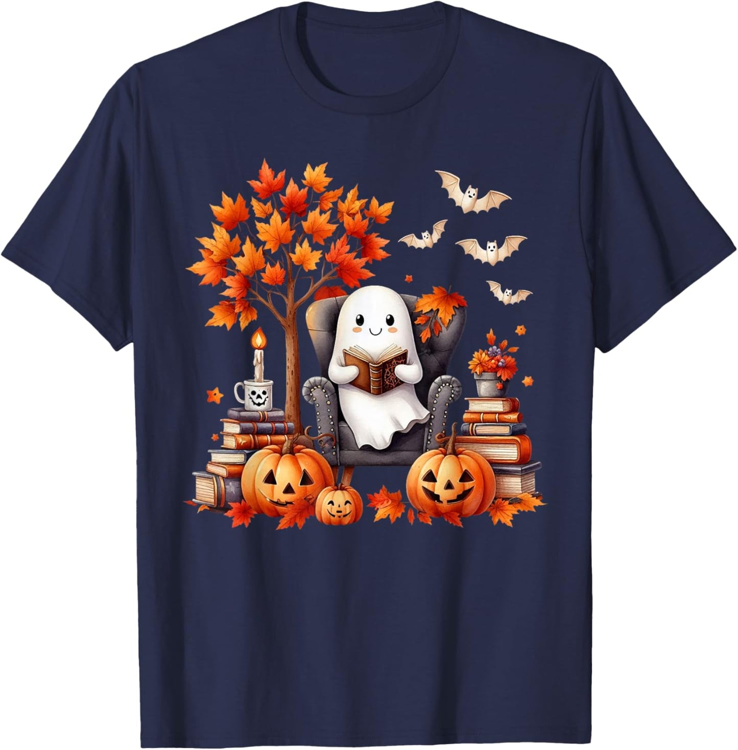 Vintage Ghost Book Reading Pumpkin Gothic Halloween Teachers T-Shirt - T-Shirt | Navy