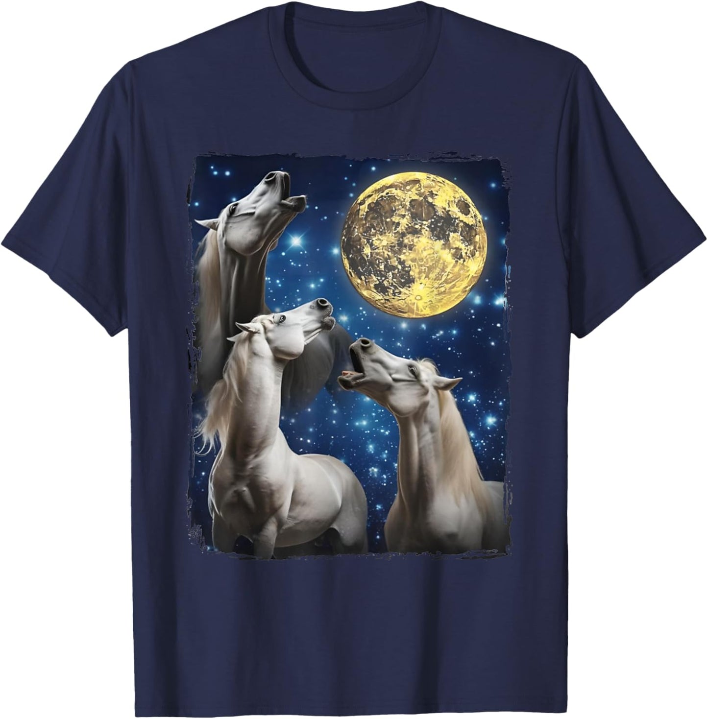 Three Horse Moon | 3 Horses Howling Funny Weird Cursed Meme T-Shirt - T-Shirt | Navy