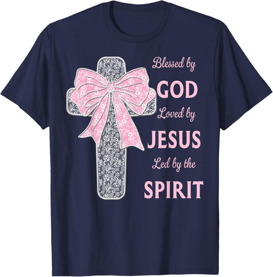 Blessed by God Loved by Jesus Coquette Cross Christian T-Shirt - T-Shirt | Navy