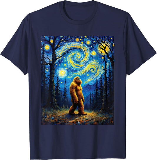Sasquatch Bigfoot Van Gogh Starry Night Art Painting Graphic T-Shirt - T-Shirt | Navy