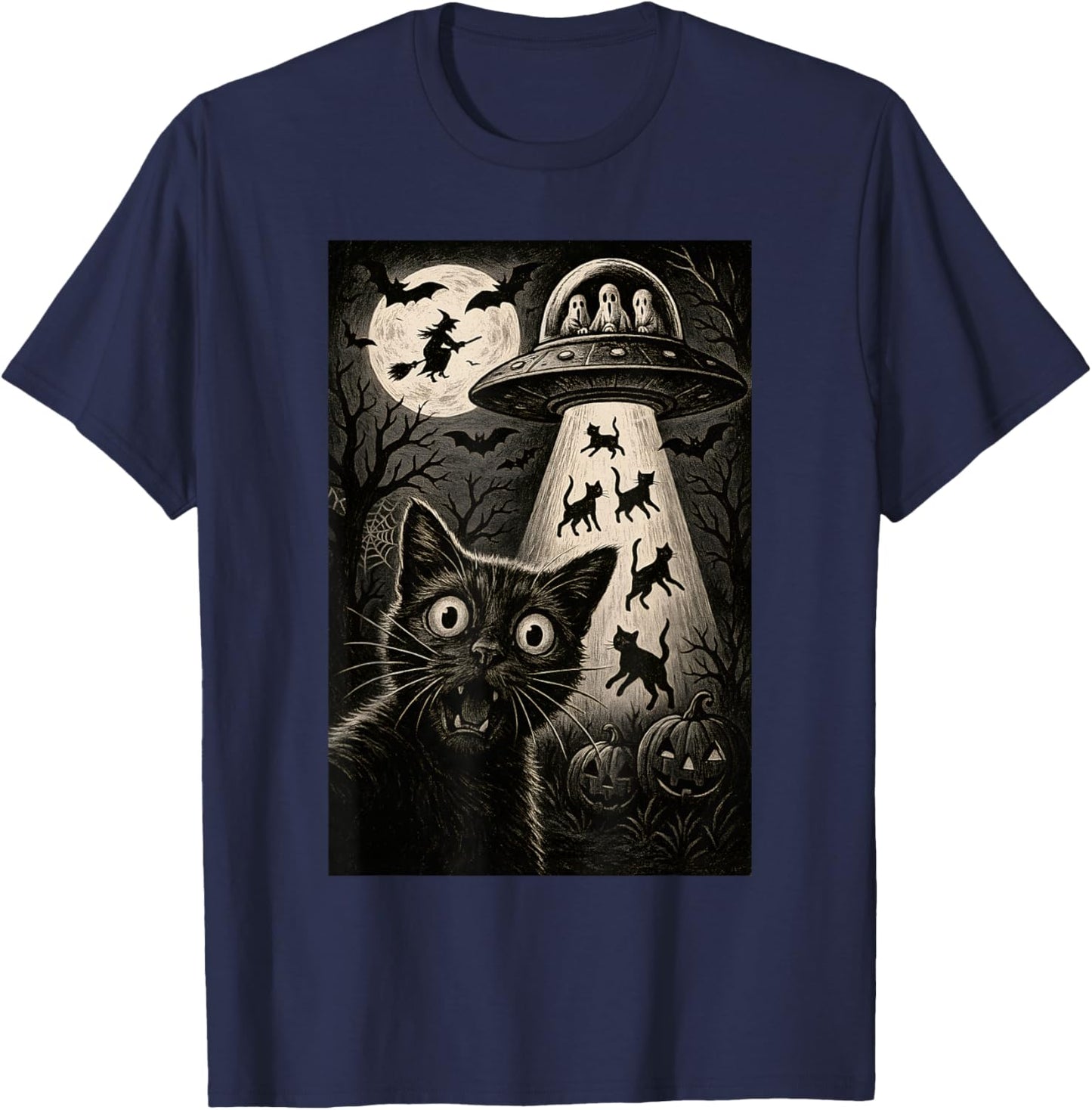 Halloween Cat Selfie Scary Alien Abduction Cats UFO Flying T-Shirt - T-Shirt | Navy