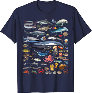 Ocean Creatures Collection Marine Life Sea Animals T-Shirt - T-Shirt | Navy