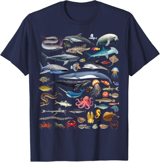 Ocean Creatures Collection Marine Life Sea Animals T-Shirt - T-Shirt | Navy