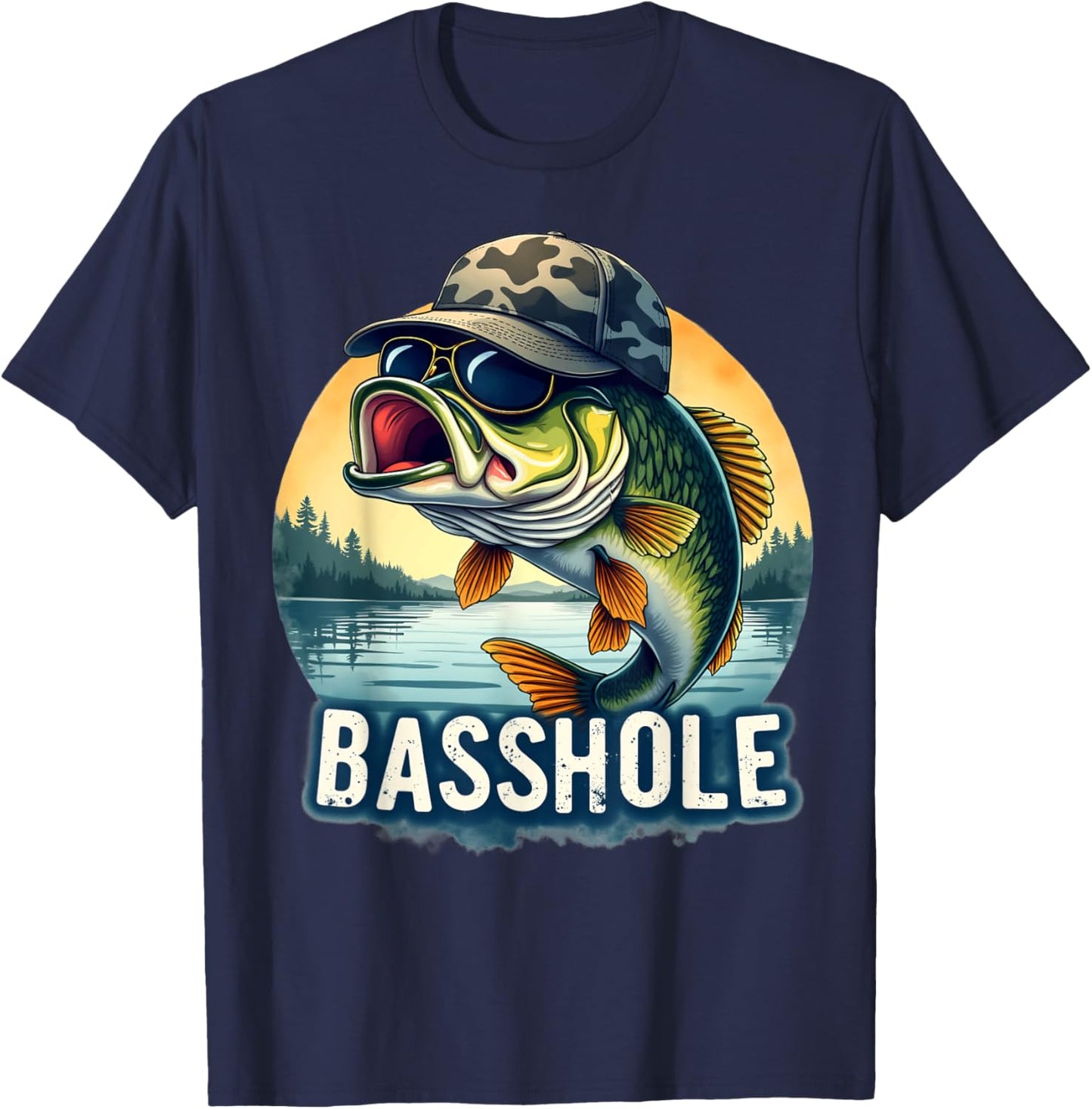 Basshole Funny Bass Fishing Dad T-Shirt - T-Shirt | Navy