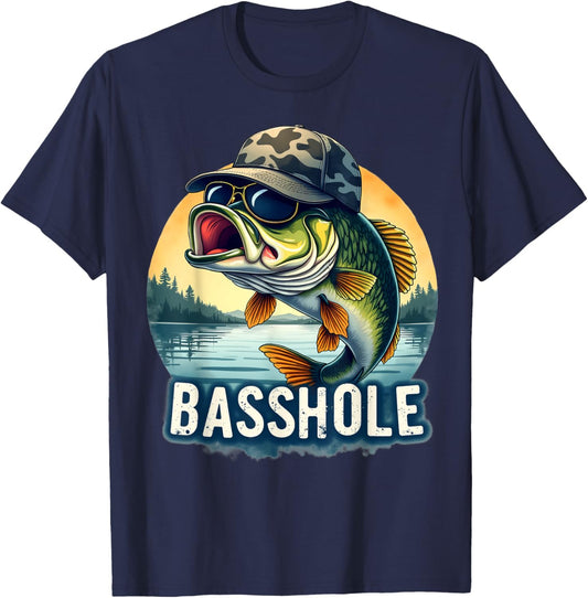 Basshole Funny Bass Fishing Dad T-Shirt - T-Shirt | Navy