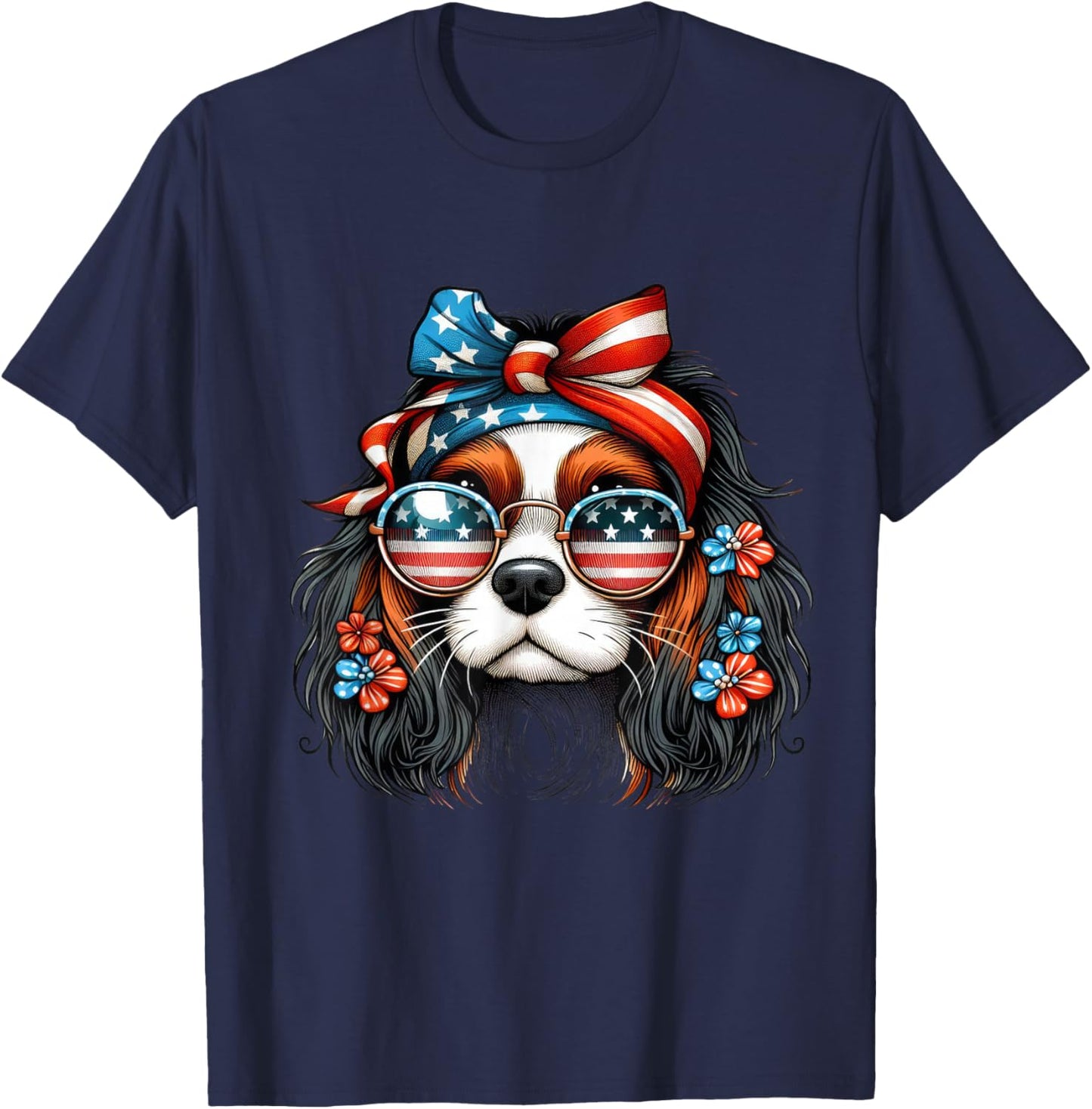 Girl 4th of July With Cavalier King Charles Spaniel Dog T-Shirt - T-Shirt | Navy