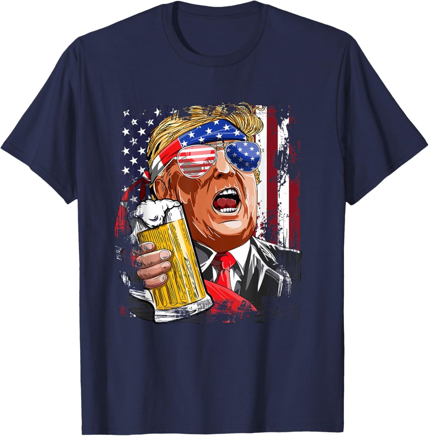 Donald Trump Drinking Beer Merica Trump 4th Of July US Flag T-Shirt - T-Shirt | Navy