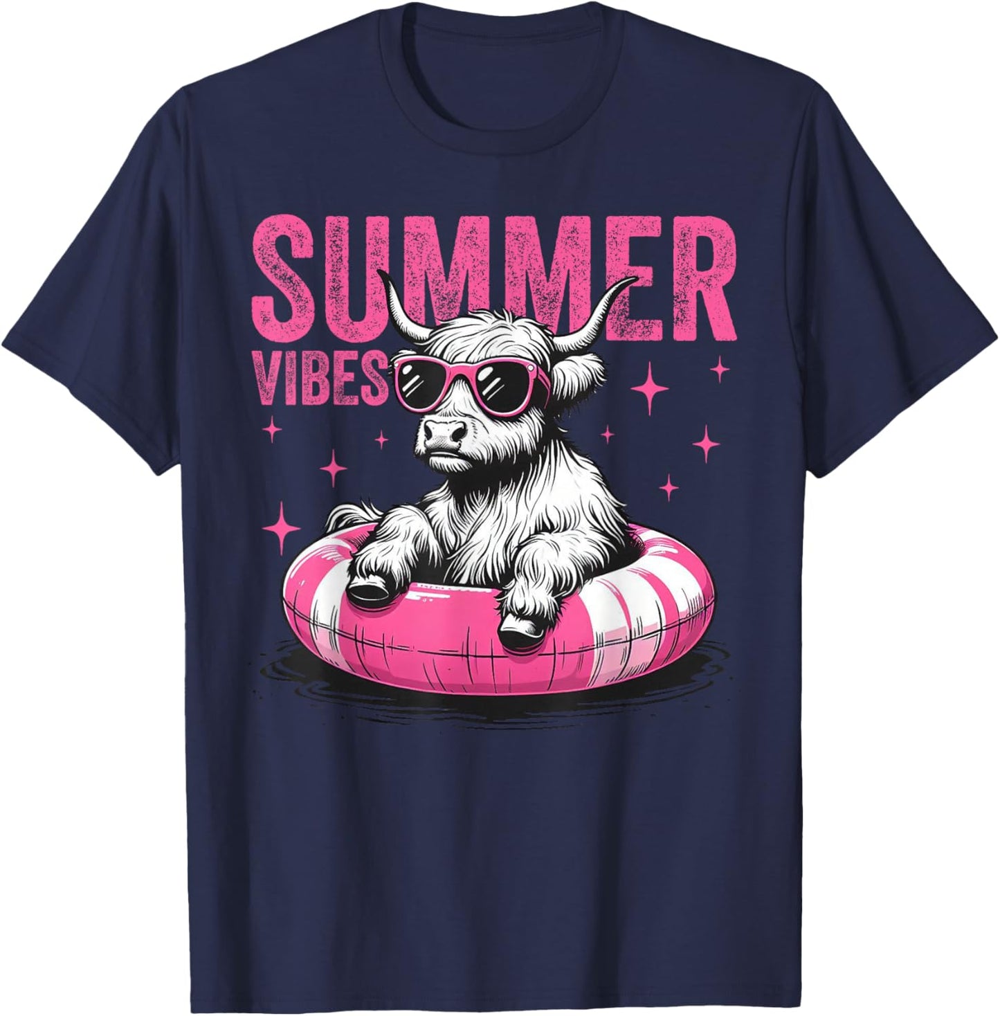 Summer Vibes Funny Highland Cow Pool Float Beach (2 Sided) T-Shirt - T-Shirt | Navy