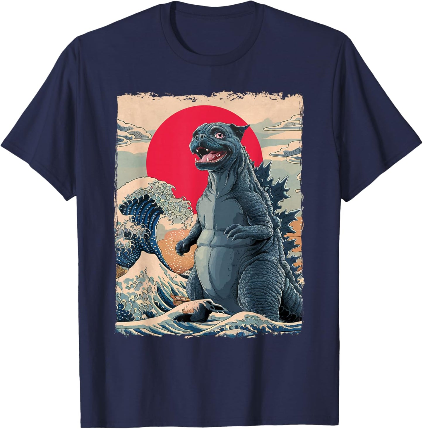 Pug Dog Funny Pugzilla Japanese Wave Art T-Shirt - T-Shirt | Navy
