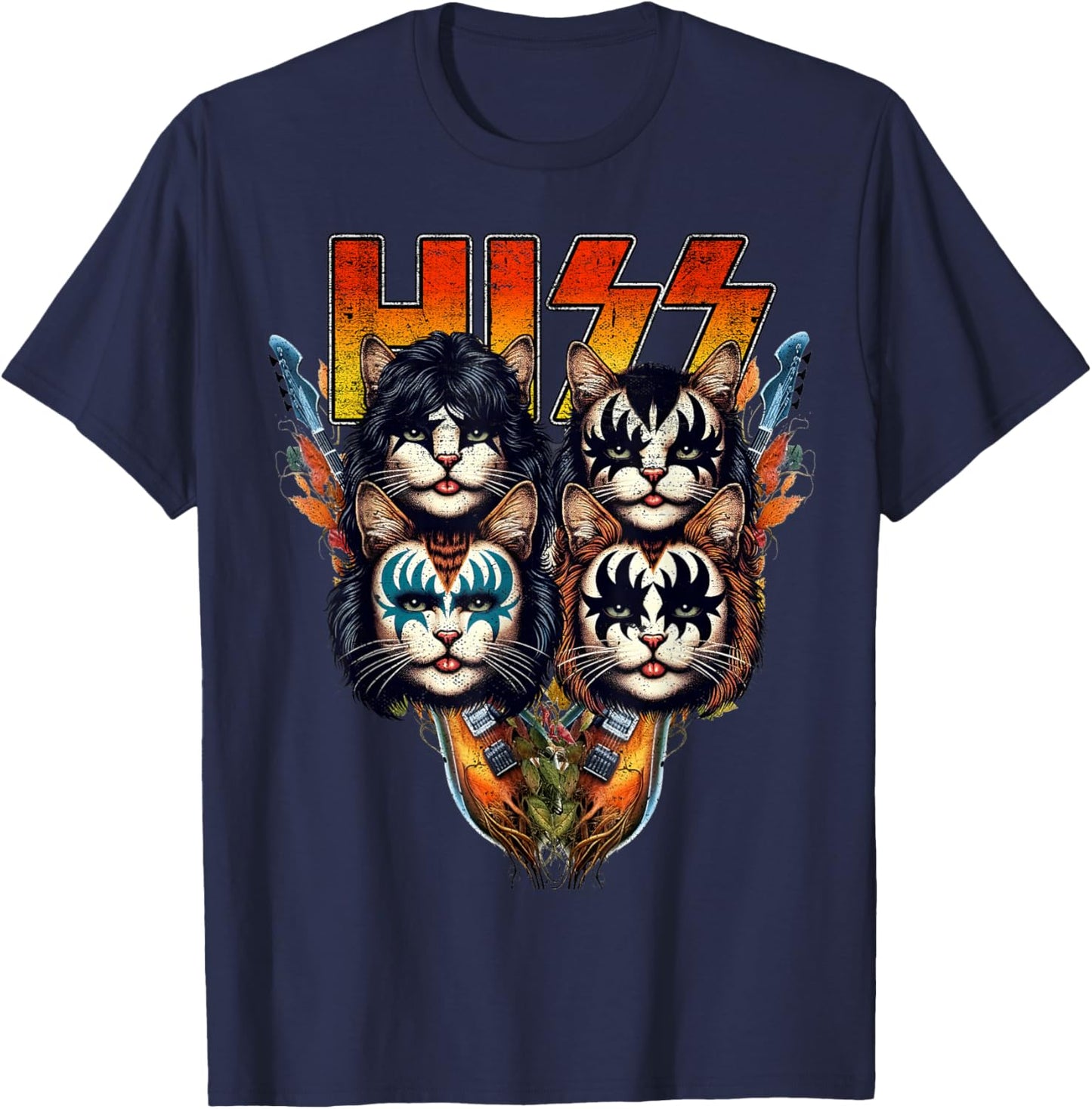 Hiss Funny Cats Kittens Parody Rock Rockin vintage retro cat T-Shirt - T-Shirt | Navy