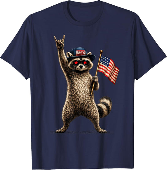 USA Flag 250 Years Raccoon Funny 4th of July Men Women Kids T-Shirt - T-Shirt | Navy