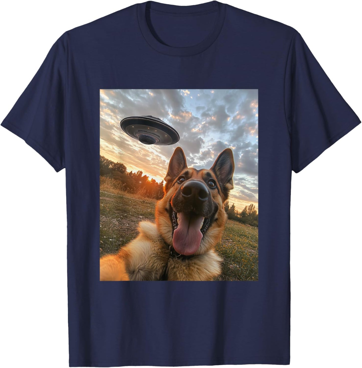 German Shepherd Dog Selfie with UFOs Aliens Funny Graphic T-Shirt - T-Shirt | Navy