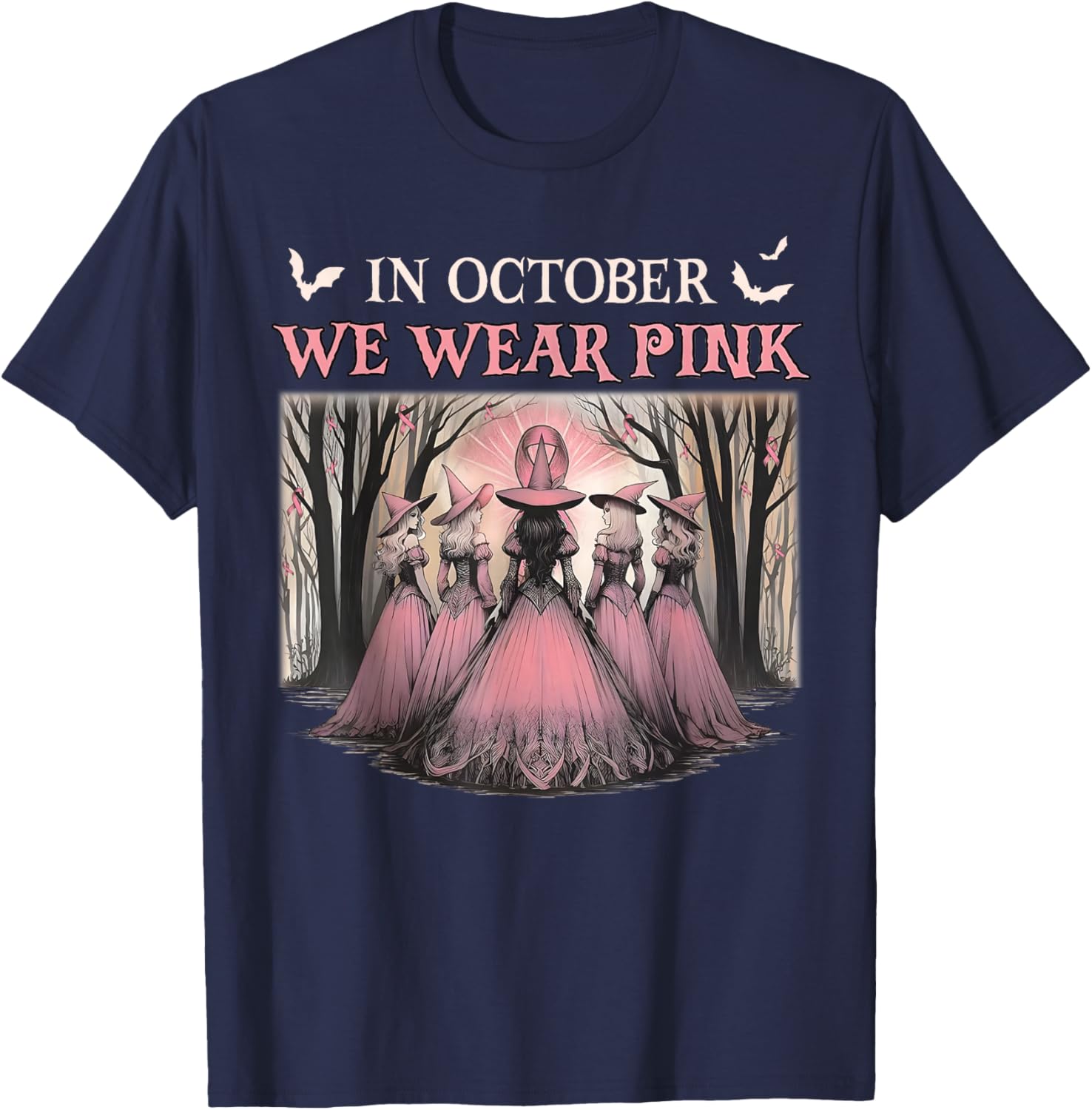Retro in October We Wear Pink Witch Breast Cancer Ribbon T-Shirt - T-Shirt | Navy