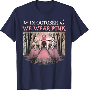 Retro in October We Wear Pink Witch Breast Cancer Ribbon T-Shirt - T-Shirt | Navy