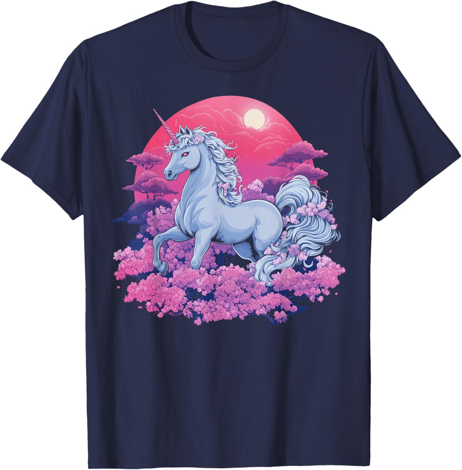 Vaporwave Unicorn Cherry Blossoms Retro Synthwave Aesthetic T-Shirt - T-Shirt | Navy