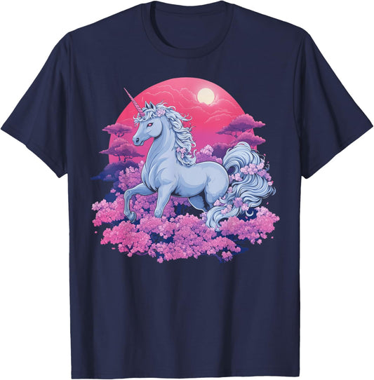 Vaporwave Unicorn Cherry Blossoms Retro Synthwave Aesthetic T-Shirt - T-Shirt | Navy