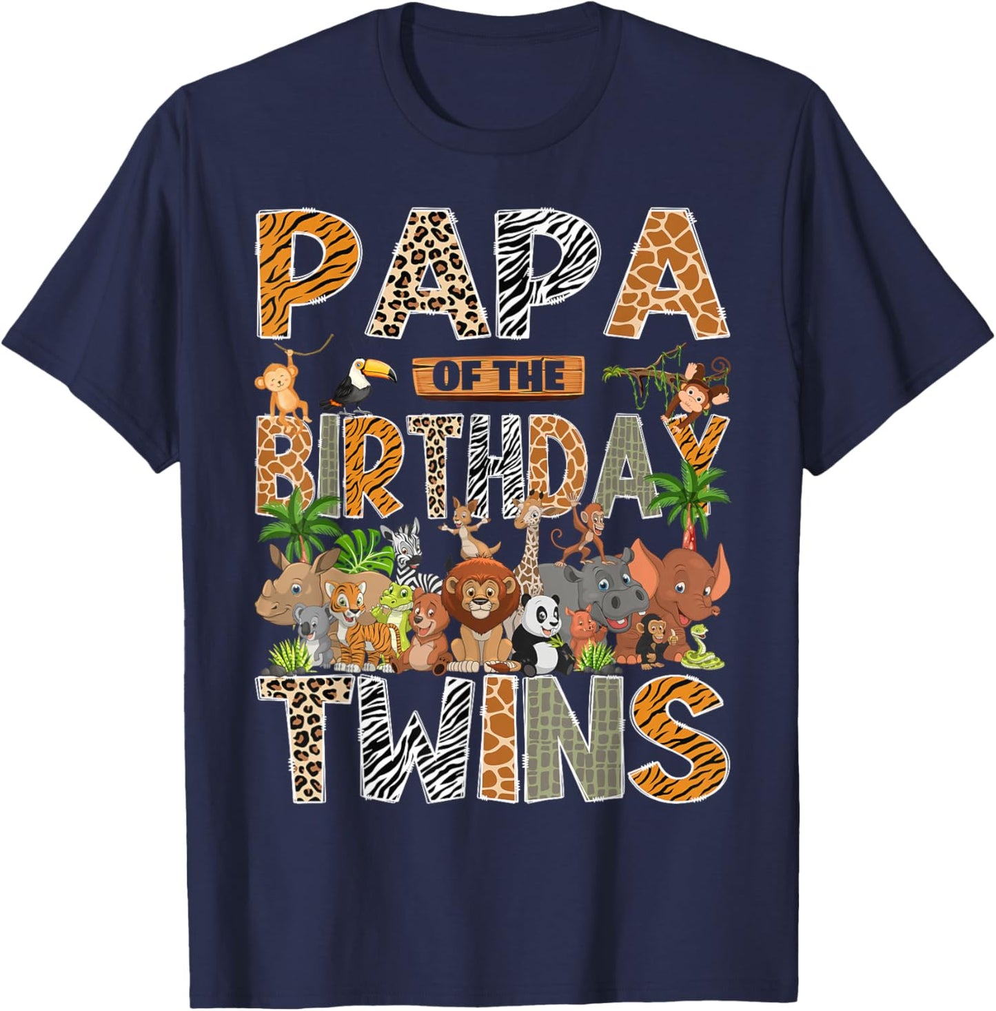 Papa of The Birthday Twins Safari Wild One Zoo Animal T-Shirt - T-Shirt | Navy