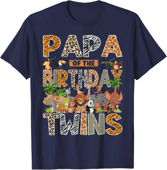 Papa of The Birthday Twins Safari Wild One Zoo Animal T-Shirt - T-Shirt | Navy