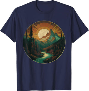 Sunset Over Mountain + Evergreen Forest Vintage Look Graphic T-Shirt - T-Shirt | Navy