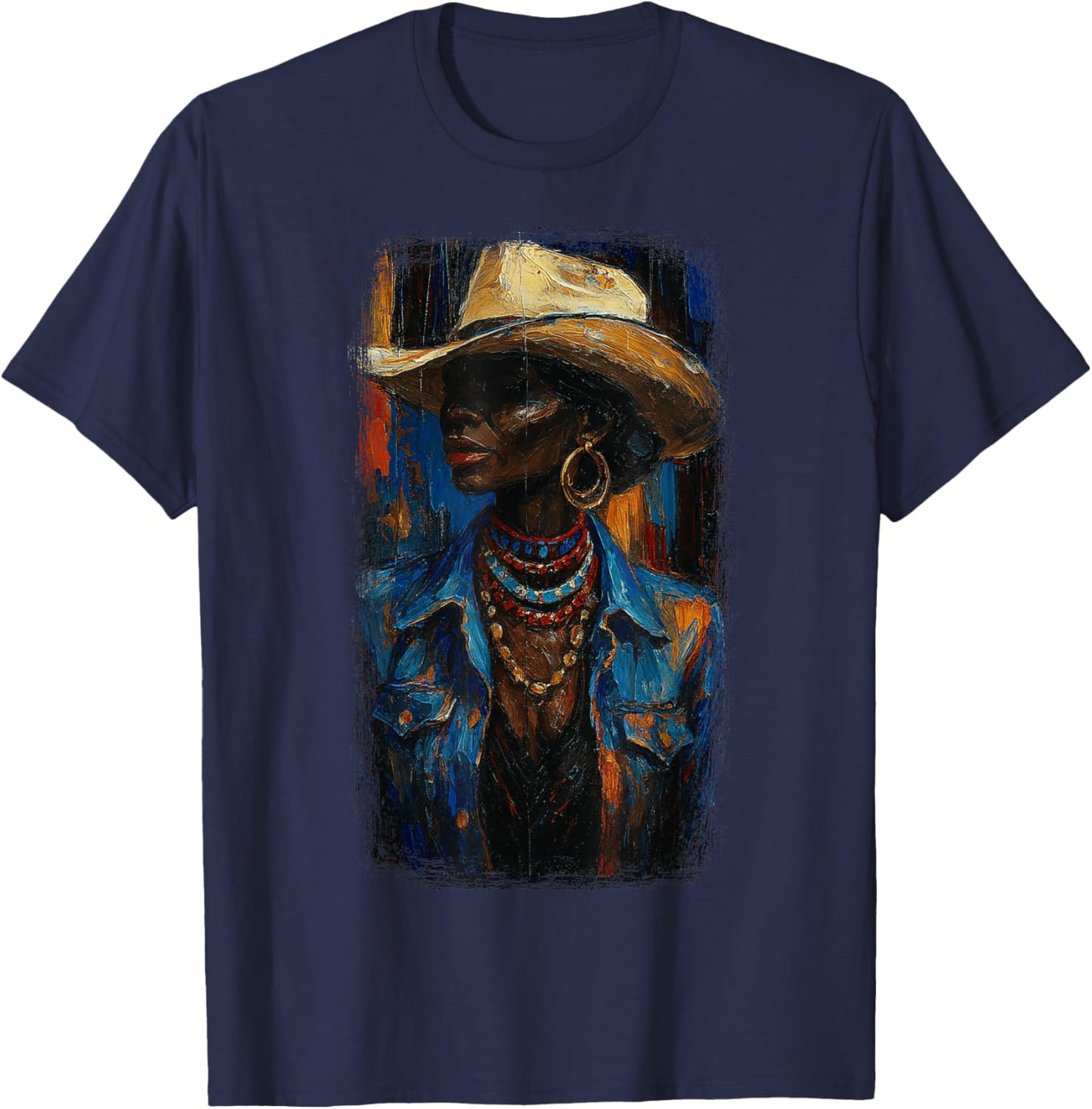 Black Afro American Cowgirl with Cowboy Hat Painting T-Shirt - T-Shirt | Navy