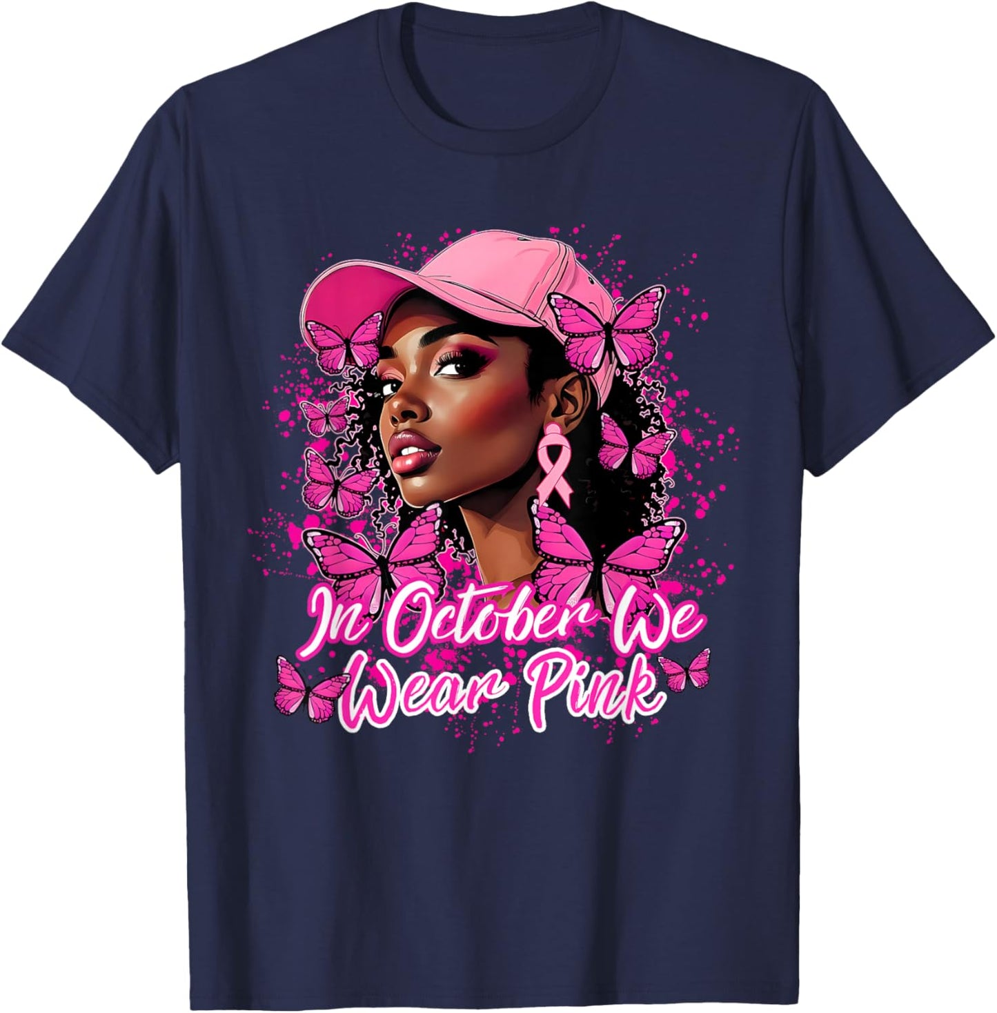 Breast Cancer Awareness African American Woman Pink Ribbon T-Shirt - T-Shirt | Navy