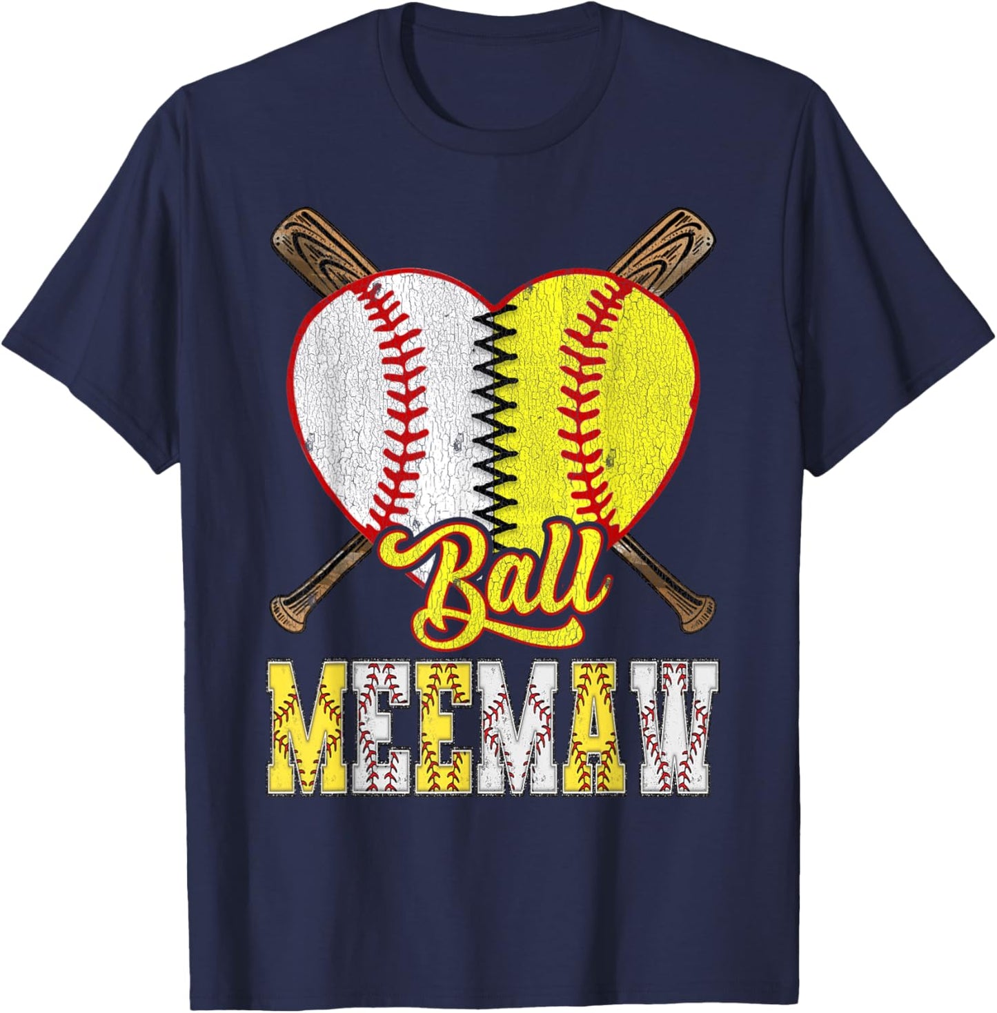 Meemaw Of Both Ball Meemaw Half Baseball Softball T-Shirt - T-Shirt | Navy