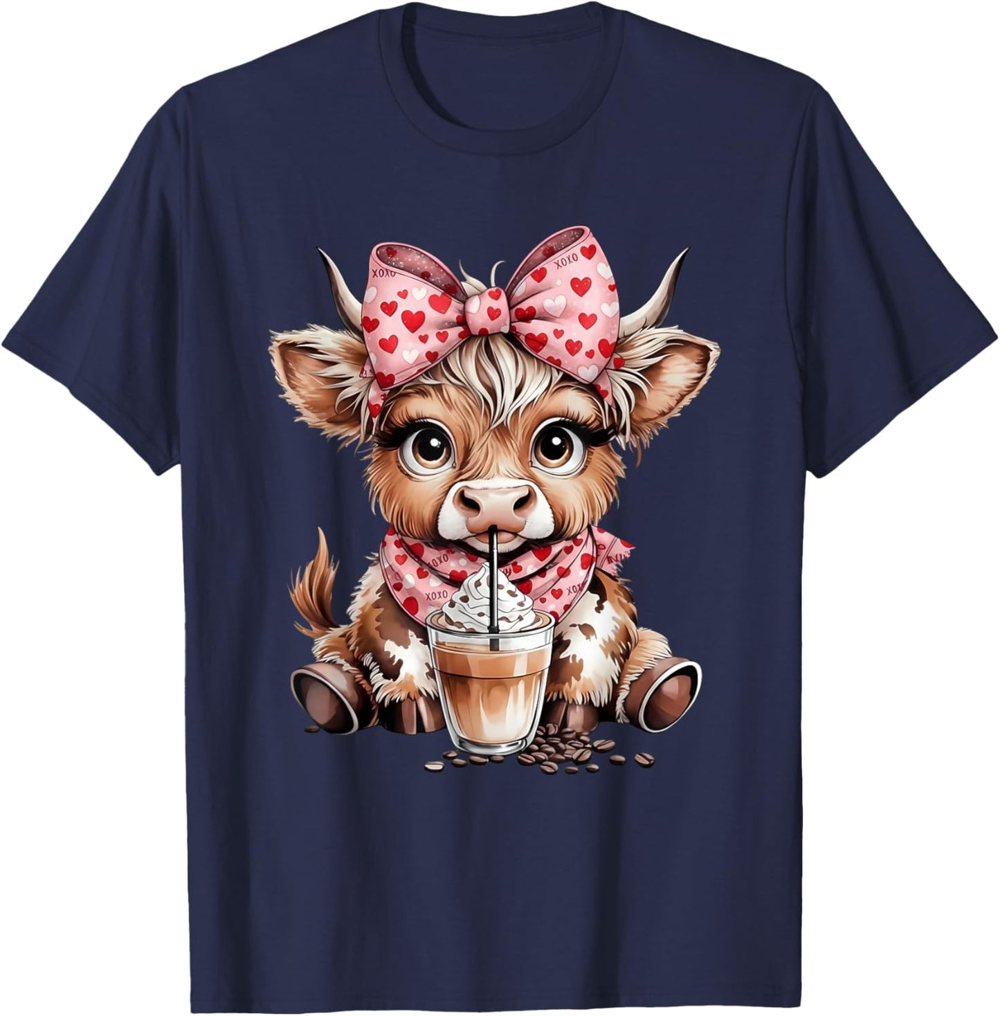Highland Cow Coffee Leopard Bow Cowgirl Women Girls T-Shirt - T-Shirt | Navy