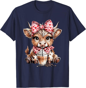 Highland Cow Coffee Leopard Bow Cowgirl Women Girls T-Shirt - T-Shirt | Navy