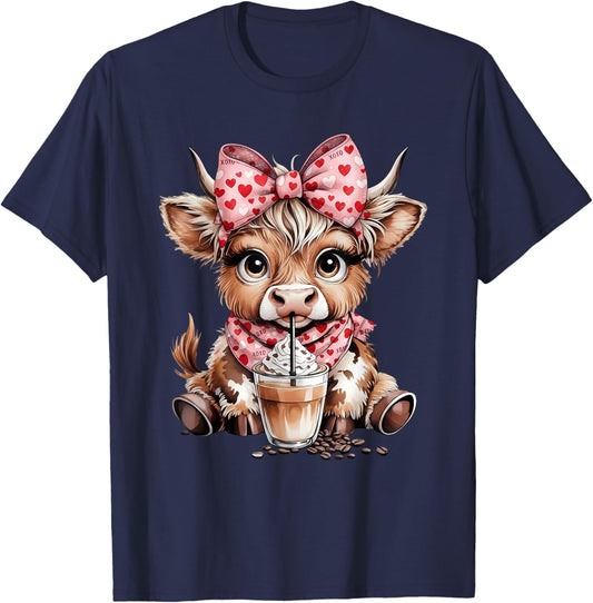 Highland Cow Coffee Leopard Bow Cowgirl Women Girls T-Shirt - T-Shirt | Navy