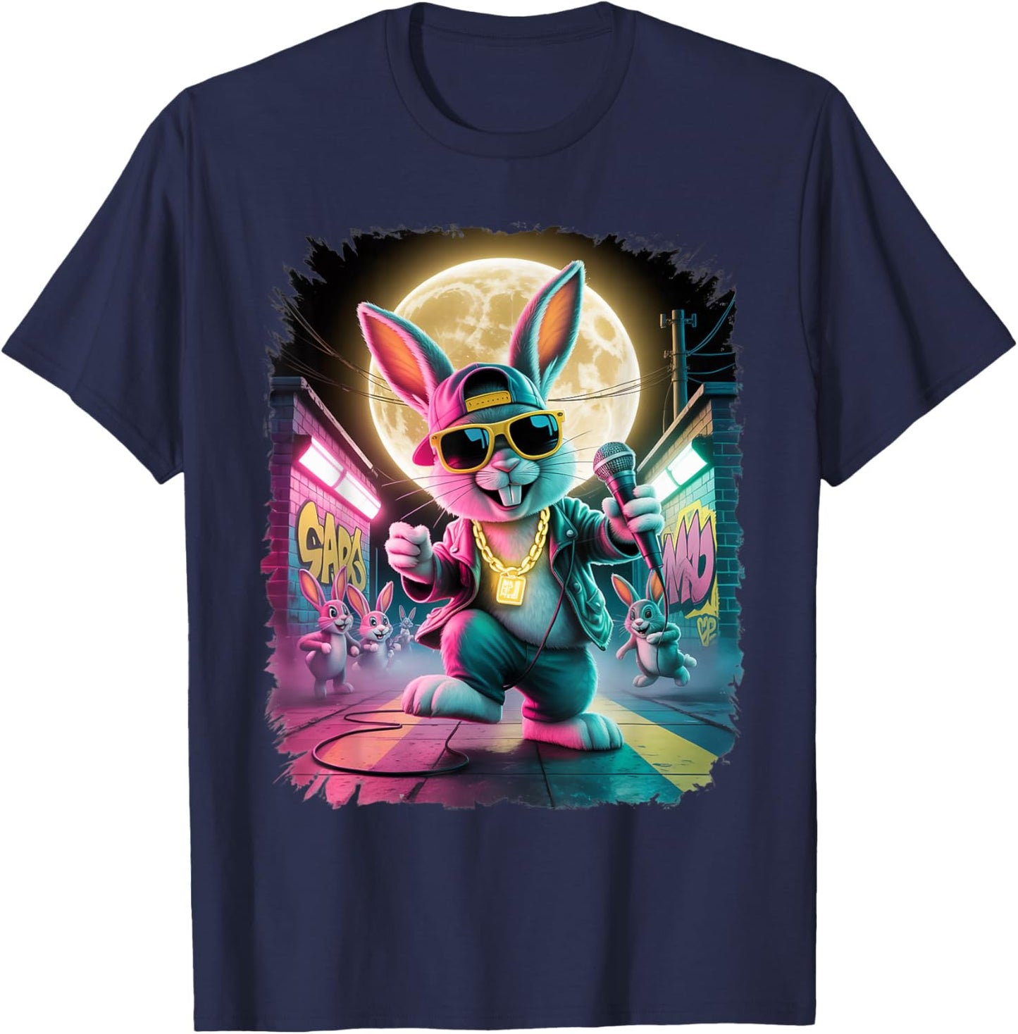 Vintage Retro 90s Airbrushed Cool Hip Hop Bunny T-Shirt - T-Shirt | Navy