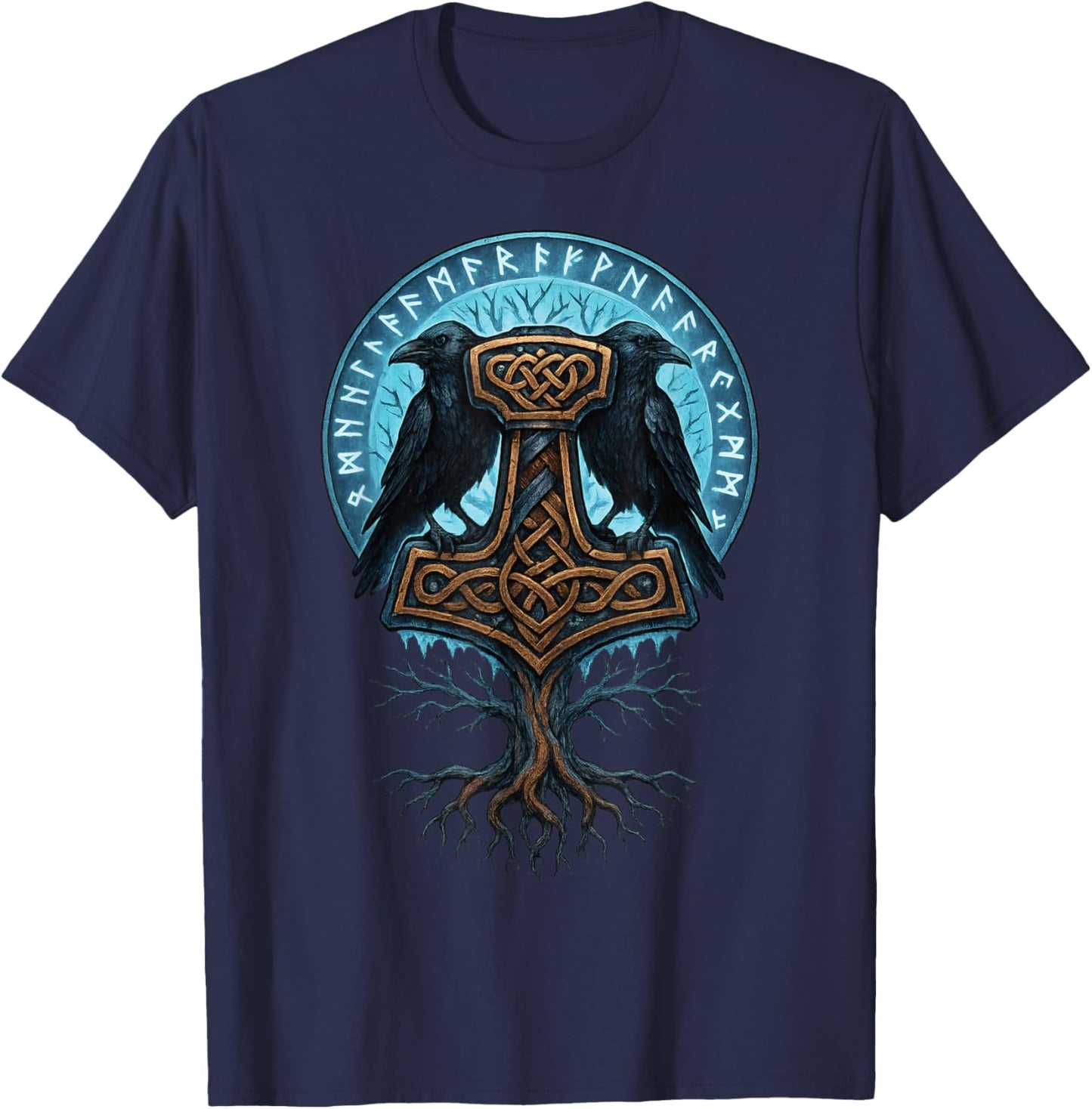 Yggdrasil Mjolnir Hammer Thor Ravens of Odin Huginn Muninn T-Shirt - T-Shirt | Navy