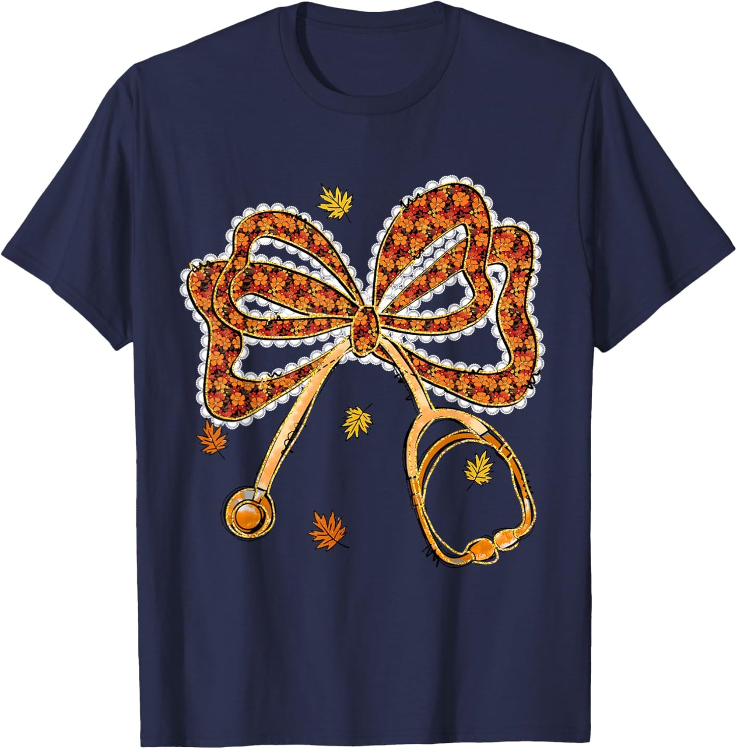 Fall Nurse Stethoscope Coquette Bow Floral Autumn Nursing T-Shirt - T-Shirt | Navy