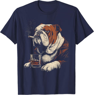 Bulldog Smoking Cigarette Whisky Lover Funny Dog T-Shirt - T-Shirt | Navy