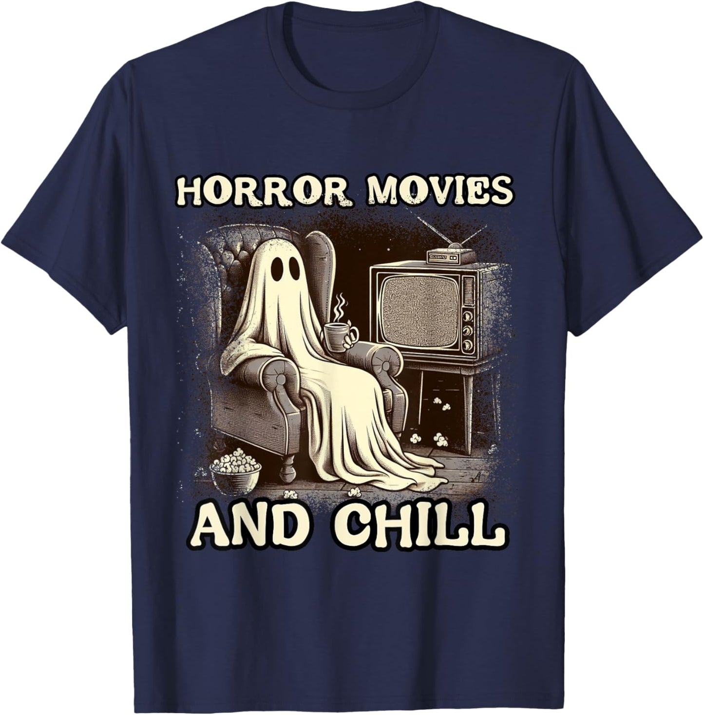 Horror Movies and Chill Halloween Ghost popcorn Spooky T-Shirt - T-Shirt | Navy