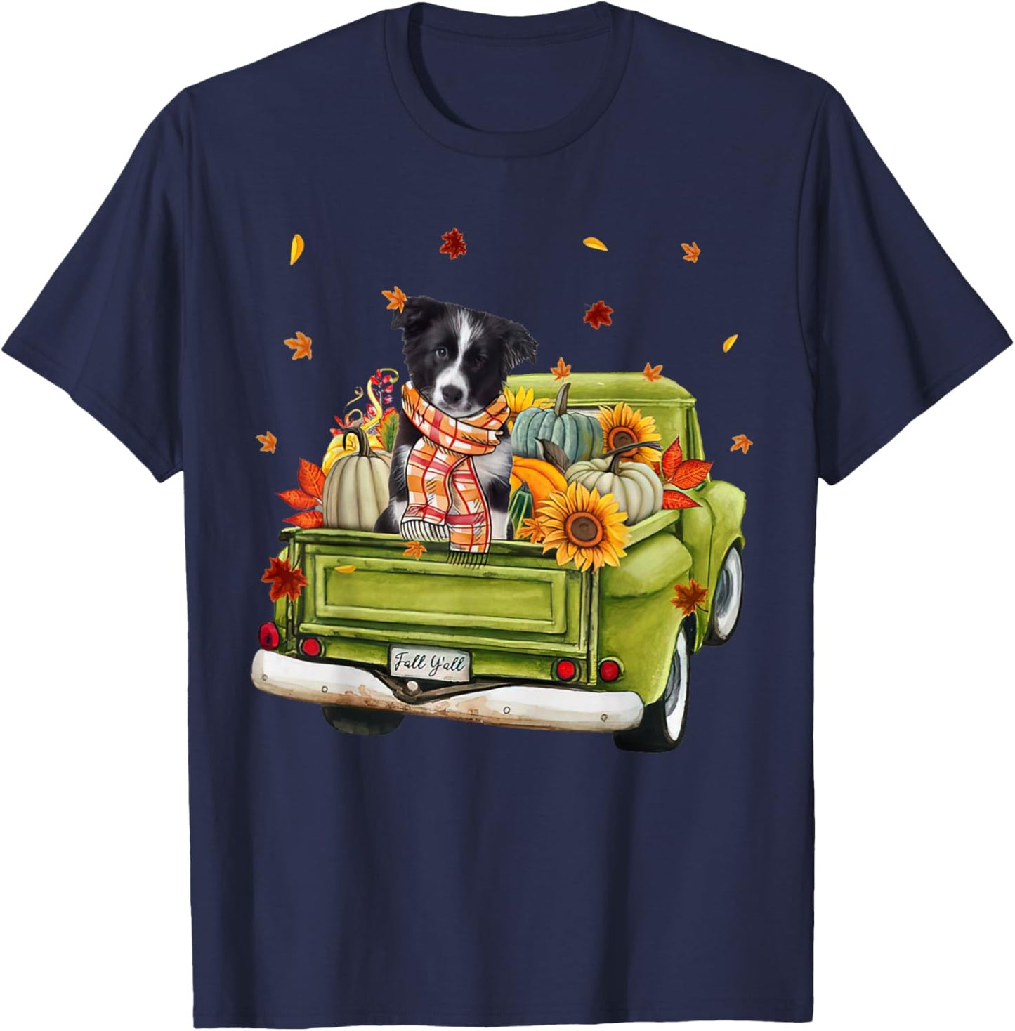 Happy Fall Y'all Border Collie Dog On Truck Pumpkin Fall T-Shirt - T-Shirt | Navy