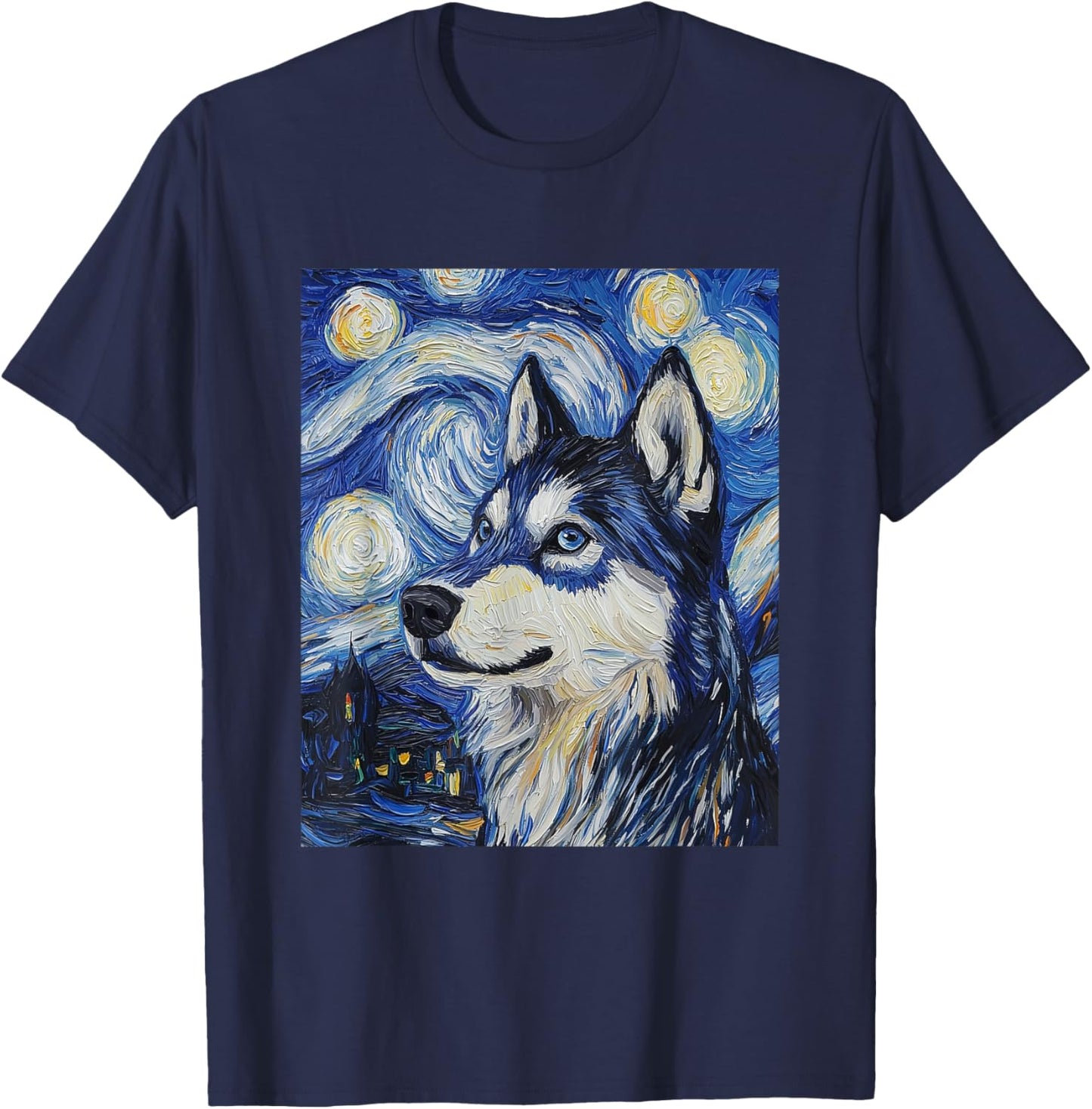 Siberian Husky Dog Wolf Van Gogh Style Starry Night T-Shirt - T-Shirt | Navy
