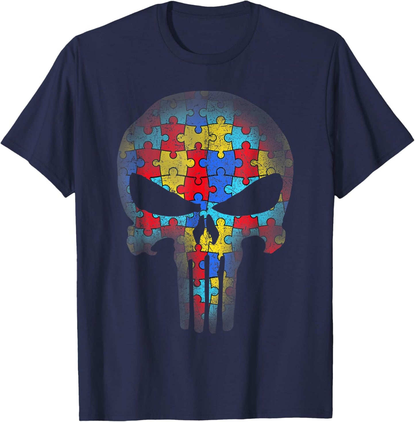 Skull Autism Awareness Puzzle Piece Kids T-Shirt - T-Shirt | Navy