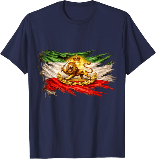 Iran Flag with Lion and Sun Emblem, Vintage Persian Heritage T-Shirt - T-Shirt | Navy