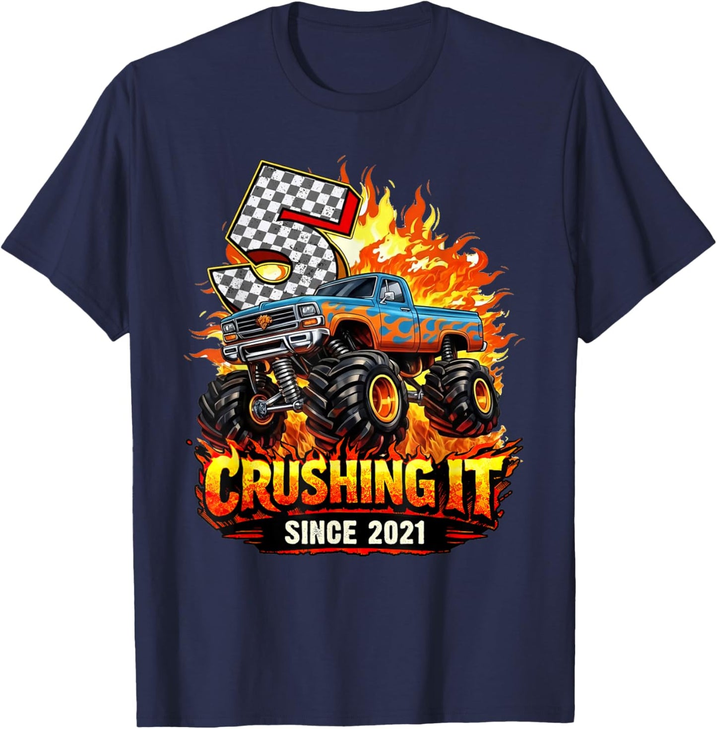 Birthday 5th Monster Truck 5 Year Old Since 2021 Boys Kids T-Shirt - T-Shirt | Navy