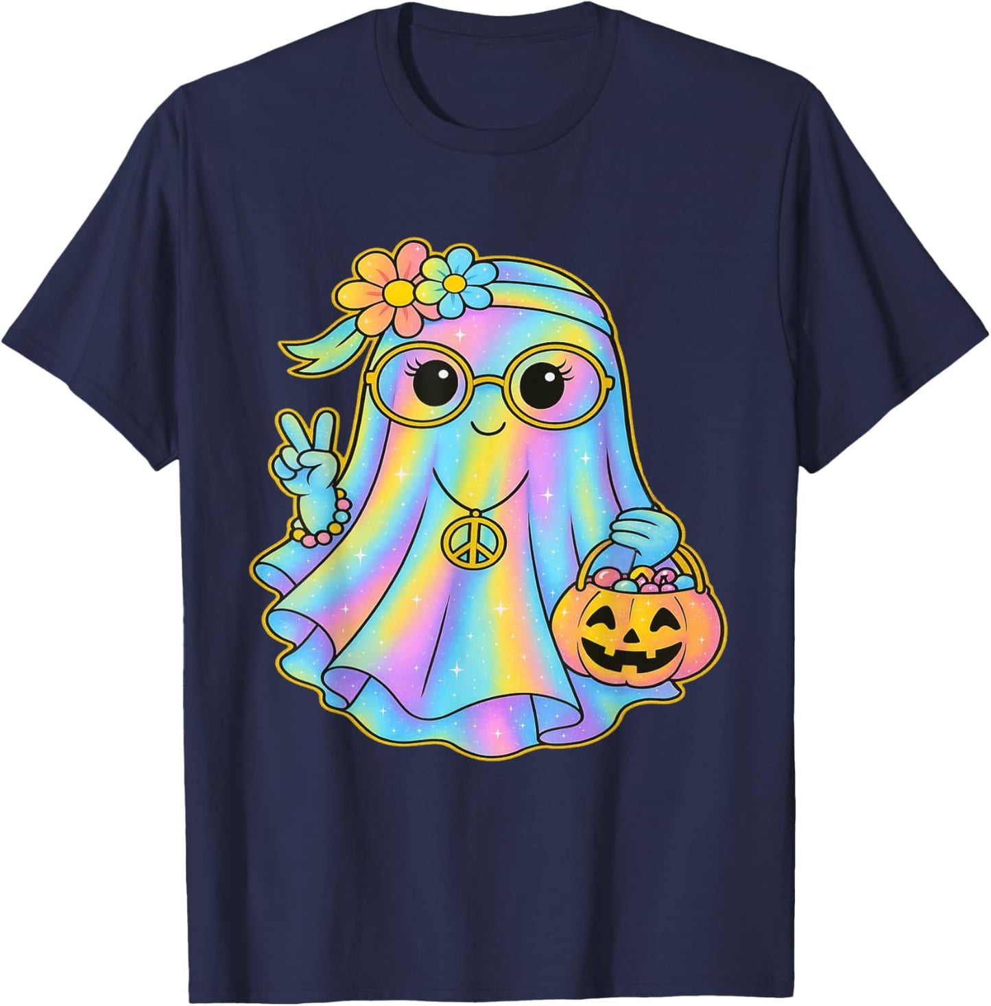 Girls Coquette Bow Ghost Pretty Pastel Hippie Halloween T-Shirt - T-Shirt | Navy