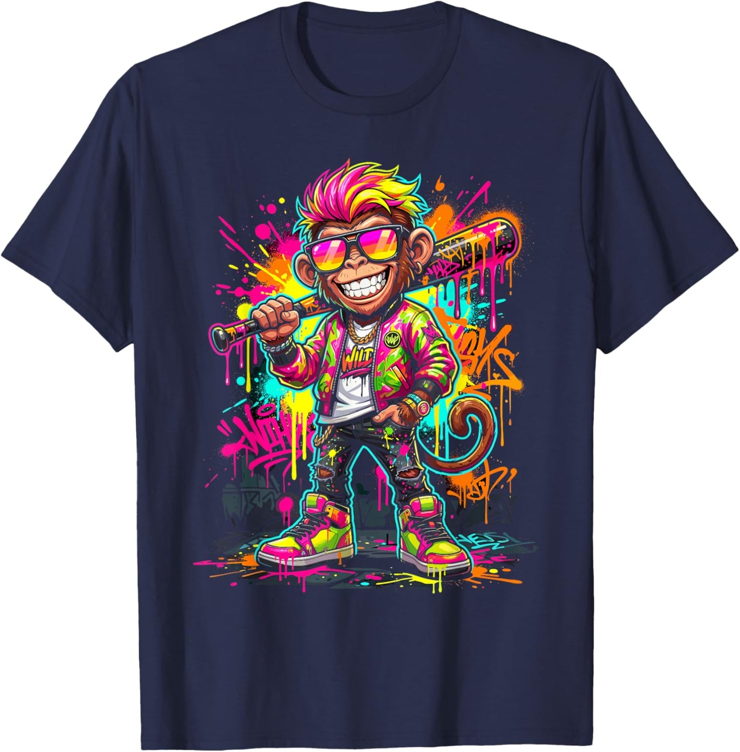 Monkey Baseball Drip Funny Animal Party Sport Cool Graphic T-Shirt - T-Shirt | Navy