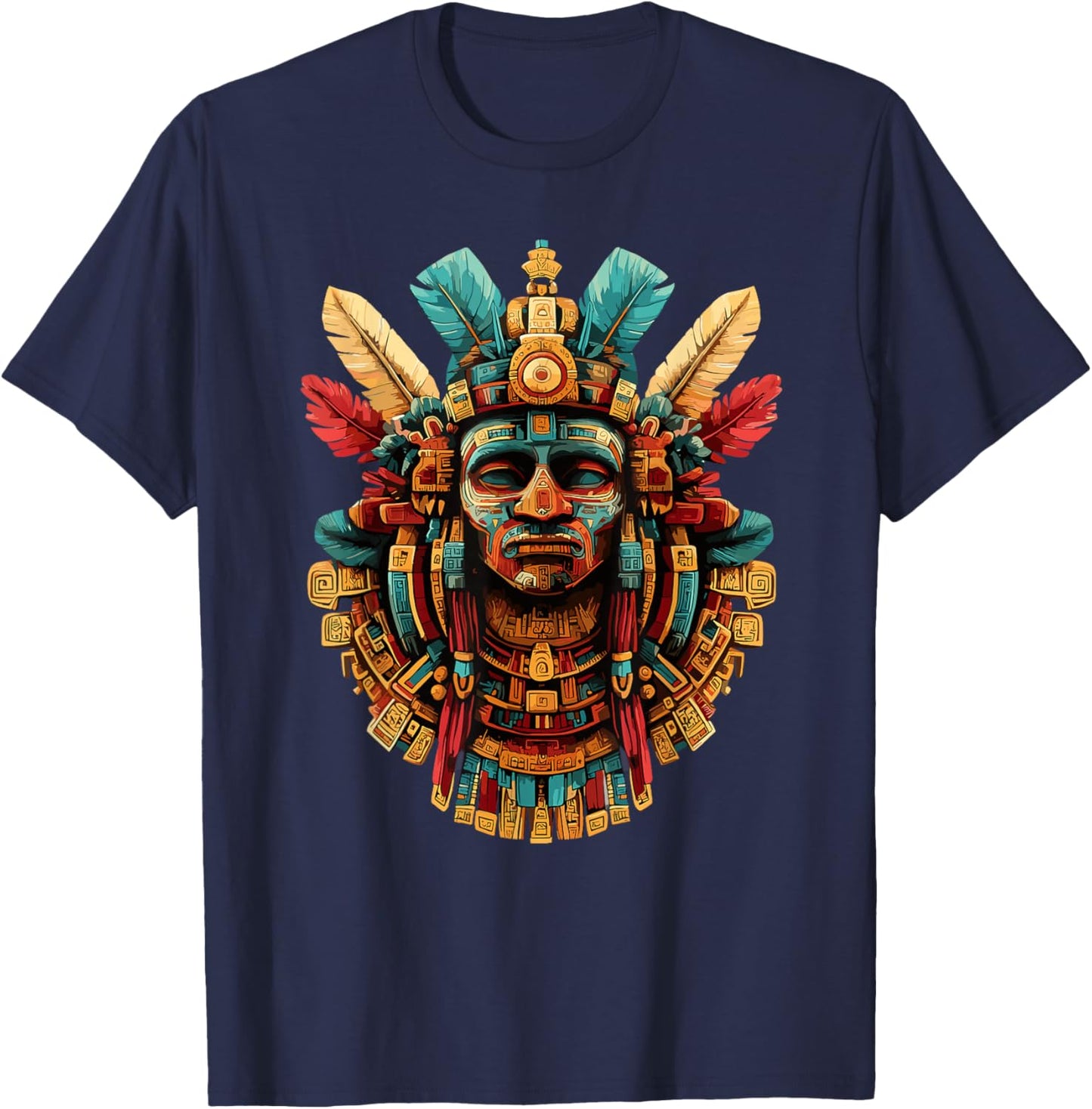 Mayan Aztec Feathered Warrior Mask Sacred Headdress T-Shirt - T-Shirt | Navy