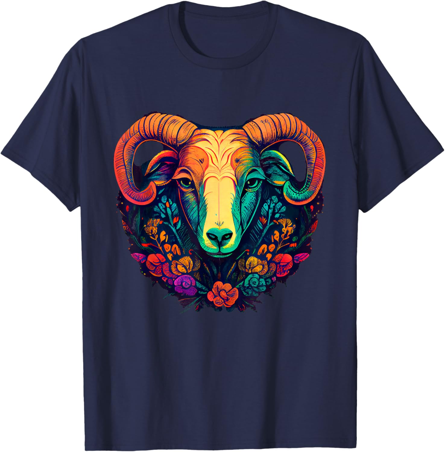 Vivid Ram Head with Floral Patterns T-Shirt - T-Shirt | Navy