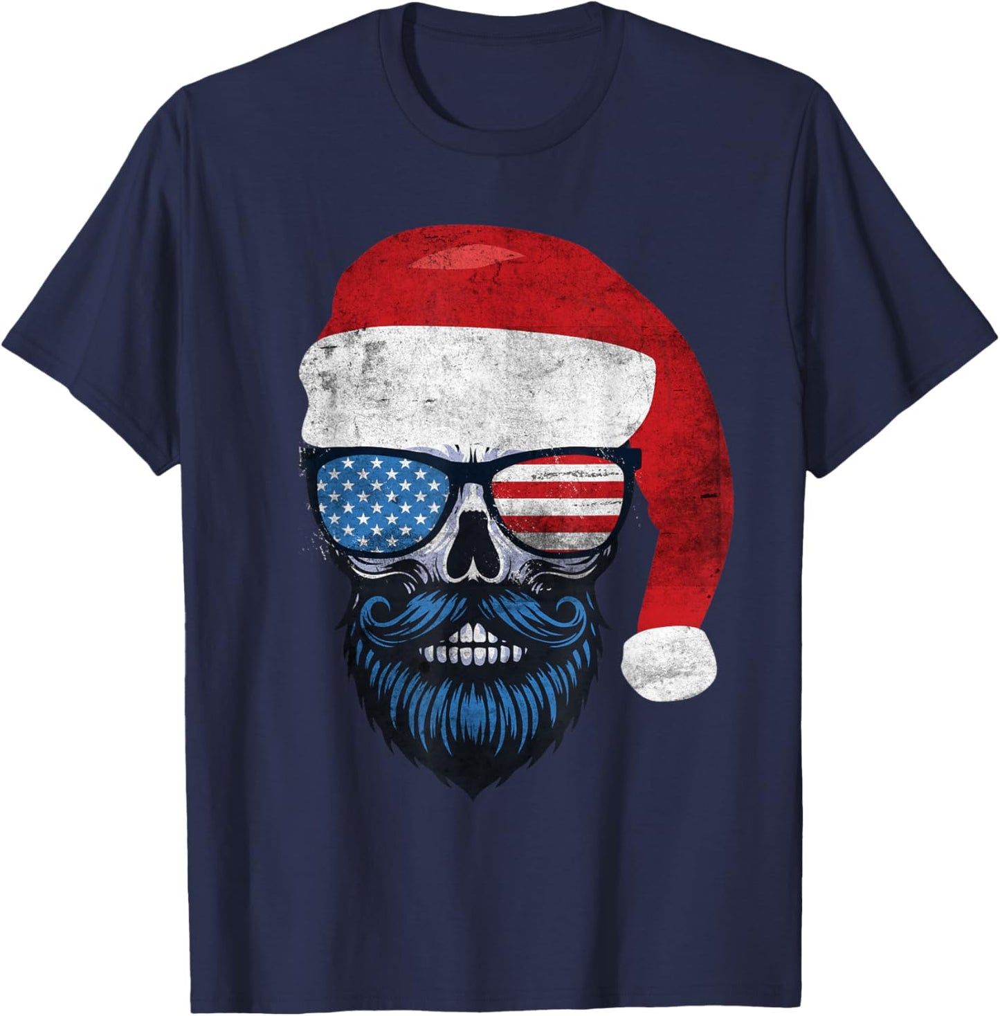 Hipster Santa US Flag Bearded Skull Sunglasses Patriotic T-Shirt - T-Shirt | Navy