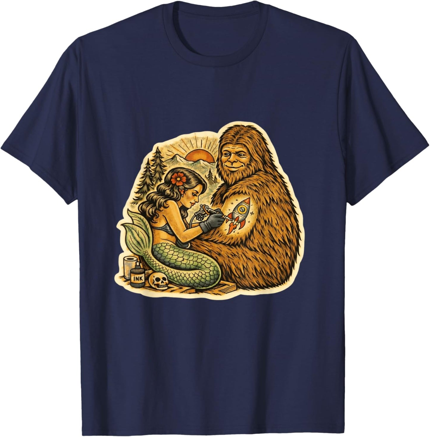 Bigfoot Mermaid Tattoo Funny Cryptid Art Graphic T-Shirt - T-Shirt | Navy