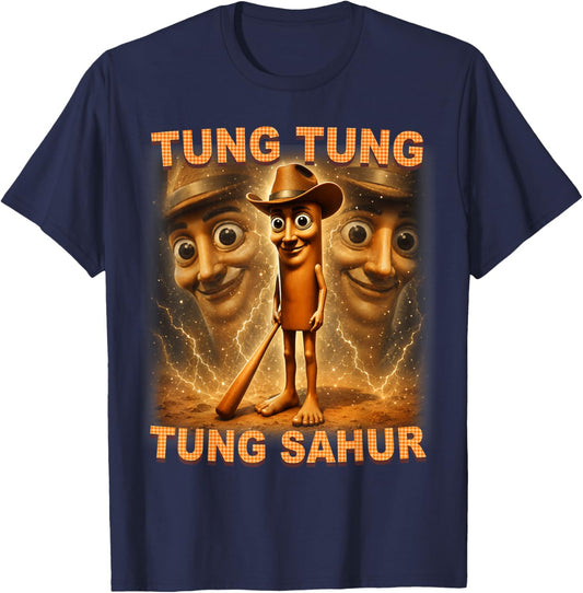 Tung Tung Tung Sahur Cowboy Funny Meme T-Shirt - T-Shirt | Navy