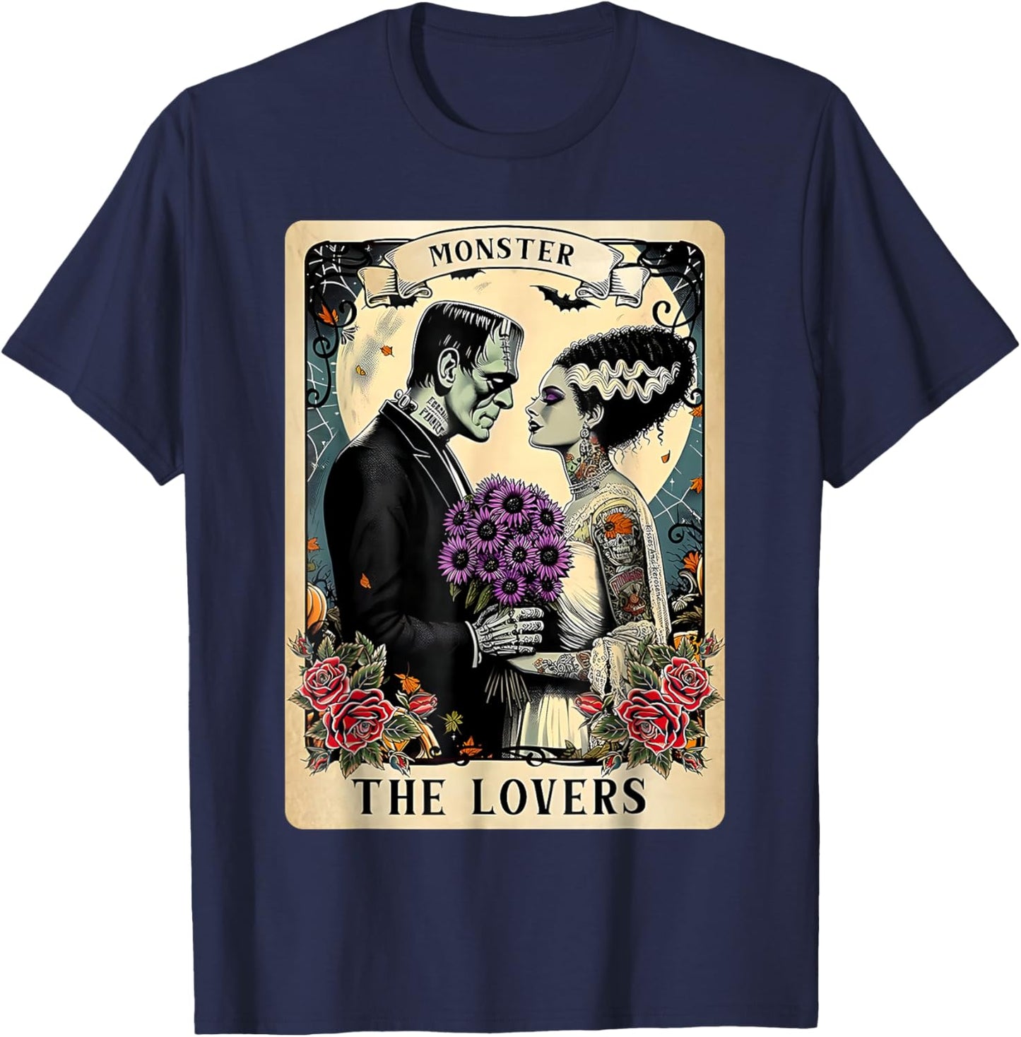 The Monster Frankenstein and Bride The Lovers Tarot Card T-Shirt - T-Shirt | Navy